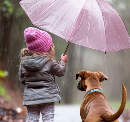 A girl lovingly protects her dog from the rain with an umbrella